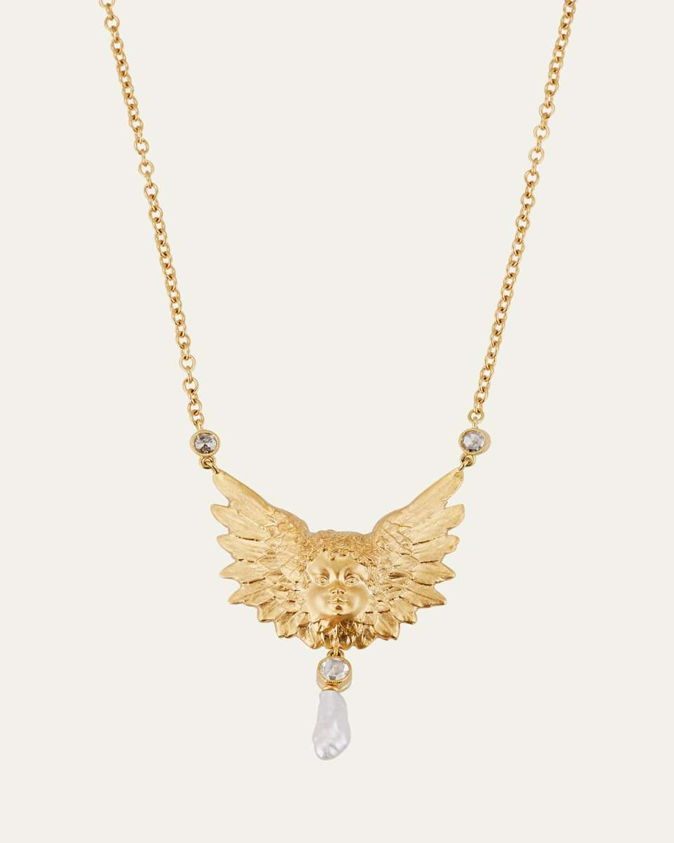 18K Yellow Gold Putti Necklace with Pearl and Diamonds, 16"L
